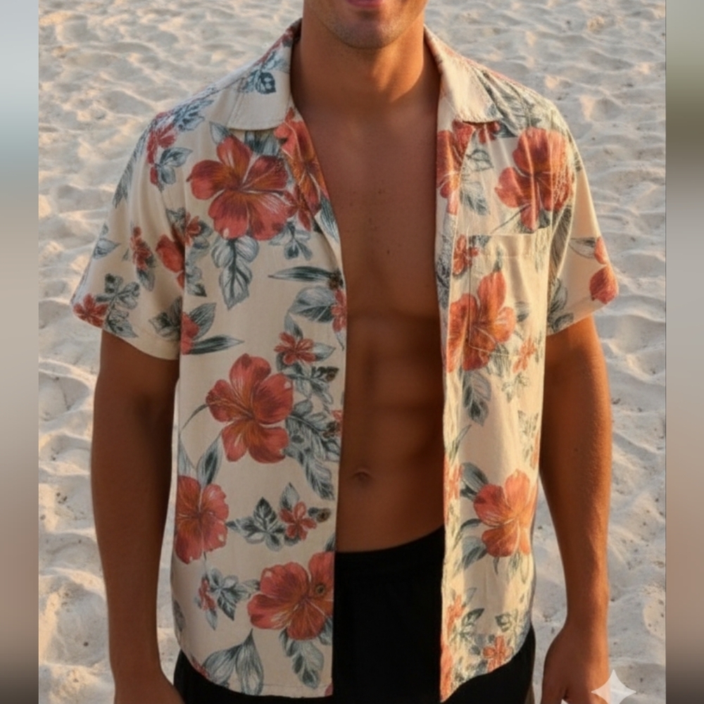 100% Silk Floral Button Down Shirt Mens Small Hibiscus